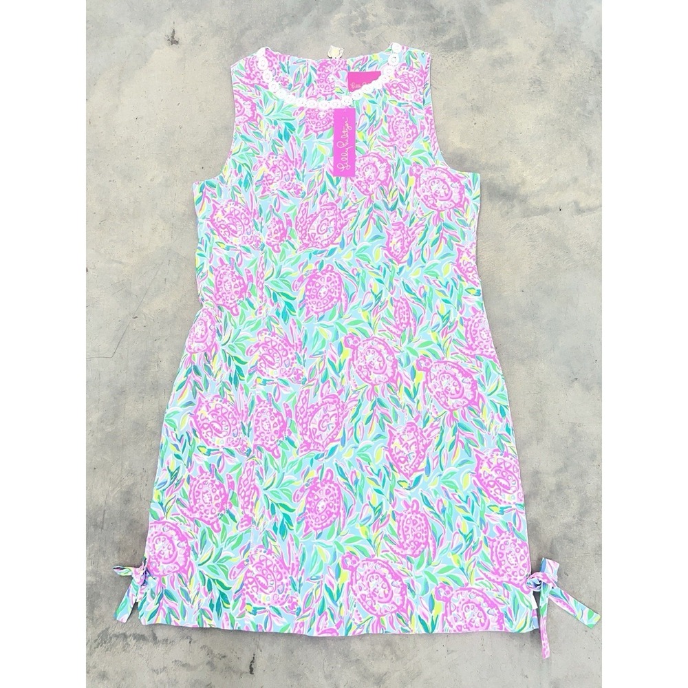 Lilly Pullitzer NWT Sleeveless Turtle Print Shift Dress Lace Time Side Tie Sz 12